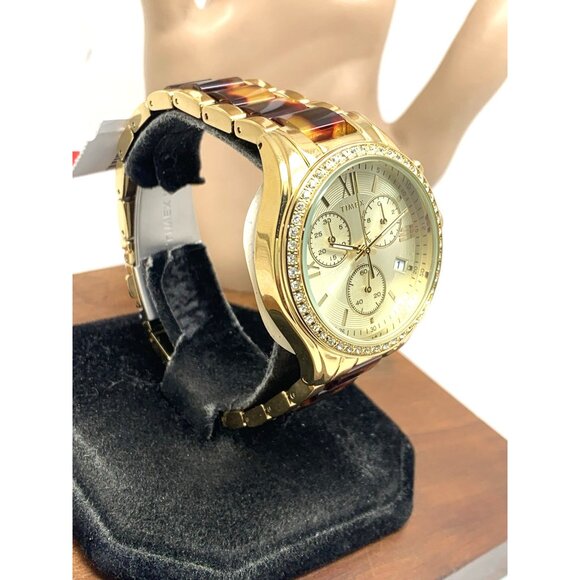Timex Women's Watch TW2V74800 Quartz Chronograph Gold Tortoise Gemmed 38mm - Picture 14 of 14
